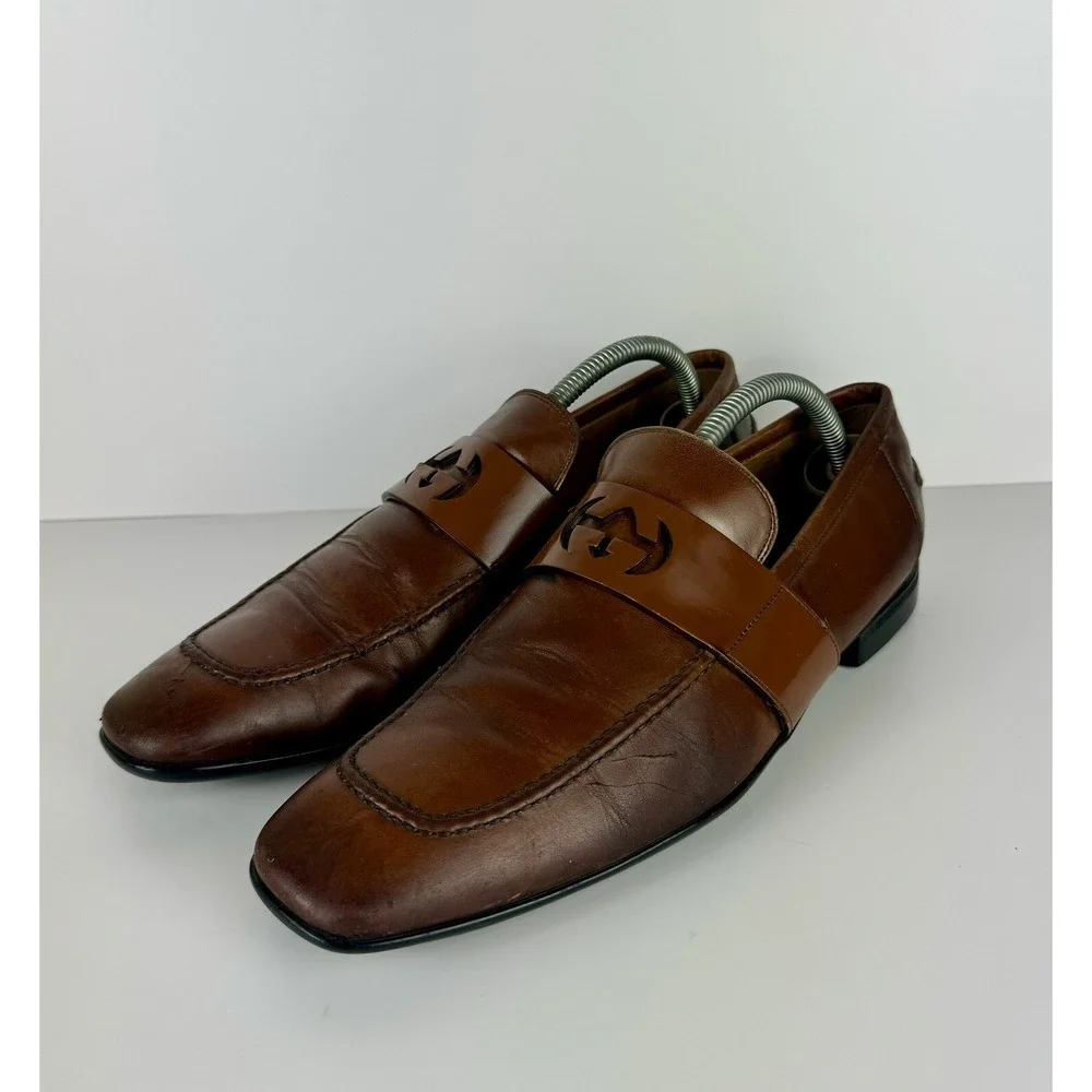 Gucci Men's Brown Leather Mila Wimbledon Logo Loafers Size 6.5 Shoes‎